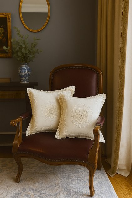 (2 Pcs) Buldan Handwoven Throw Pillow Cover 100% Cotton Laced with Guipure Lace 43X43