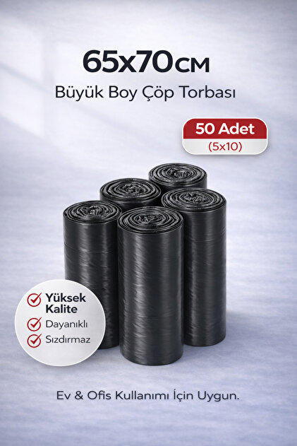 naft Çöp Torbası Büyük Boy 10'lu 5 Rulo Kalın 65x70 Çöp Poşeti