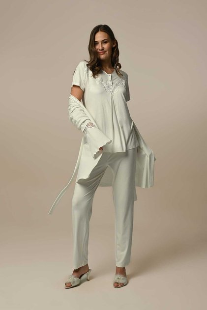New Season Ecru Maternity Summer Wear with Breastfeeding Feature Stylish Short Sleeve Lace Piece Dressing Gown Pajama Set