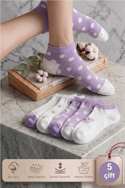 5-Piece Women's Bootie Socks Set - Purple Color Teddy Bear Patterned Cotton Ankle-Length Short Socks (5 Pieces)