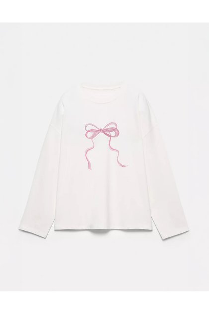 100% Cotton Oversize Fit Thin Ribbon Printed - Crew Neck Long Sleeve T-Shirt