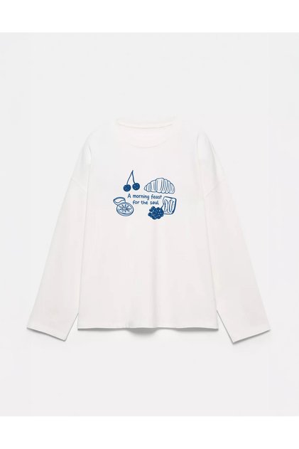 100% Cotton Oversize Fit Morning Feast Printed - Crew Neck Long Sleeve T-Shirt