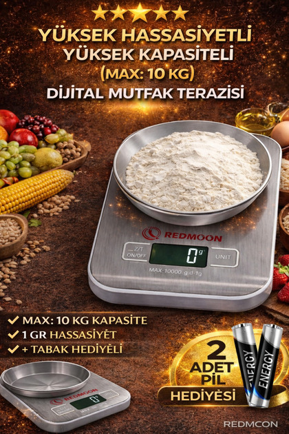 10 KG 1 GR Hassas Dijital Mutfak Terazisi Paslanmaz Çelik Tartı + 2 Pil Hediyeli
