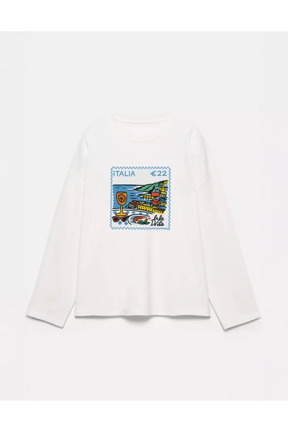 %100 Pamuk Oversize Fit ITALIA Baskılı - Bisiklet Yaka Uzun Kollu T-shirt