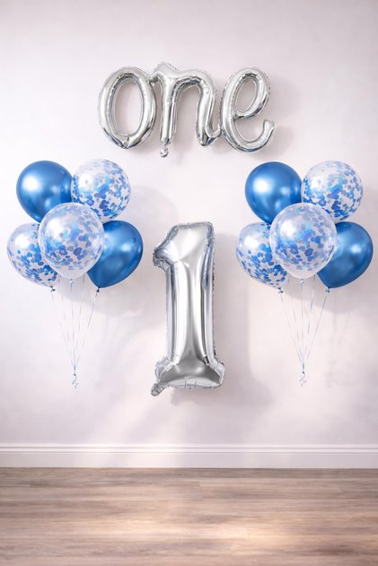 Blue Silver 1 Year Birthday Set