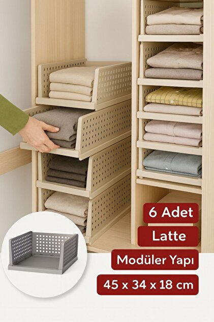 6 Adet Latte Raylı Elbise Organizeri - Mutfak Banyo Düzenleme Depolama Üst Üste Dizilebilir