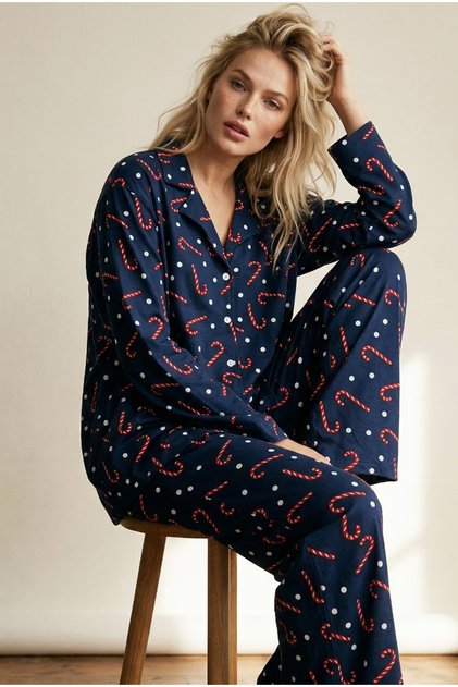 Navy Blue Candy Cane Patterned New Year's Themed 100% Cotton Knitted Buttoned Pajama Set 7602