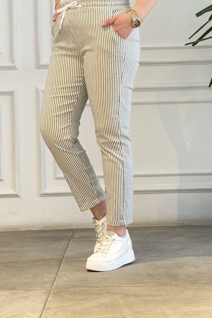 Double Leg Striped Trousers with Elastic Waist