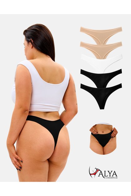 Chiloți tangi din bumbac pentru femei - 2 negru, 1 alb, 2 piele (S, M, L, XL, 2XL) - 5 buc.