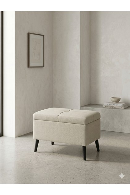 Sandıklı Keten Puf – Krem | 60x45x40 cm Modern Dekoratif Oturma & Ayak Ucu Pufu
