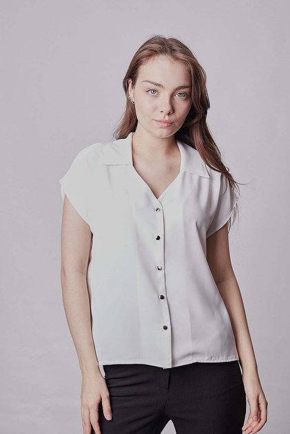 Women's Crepe Fabric Drop-Shoulder Collared V-Neck Short Sleeve Shirt-Cream