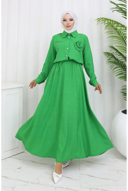 Rose Detailed Shirt Skirt Double Set 2088-06 Green