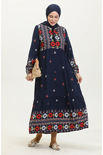 Patterned Dress 4089-01 Navy Blue