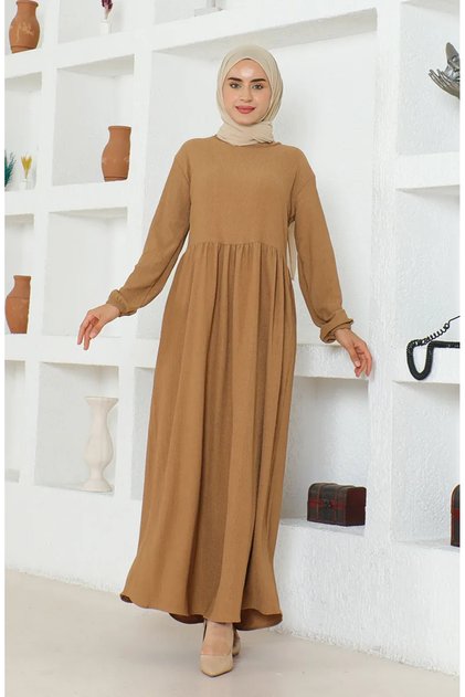 Rochie din țesătură Bürümcük cu talie elastică 1016-06 Maro Lăptos