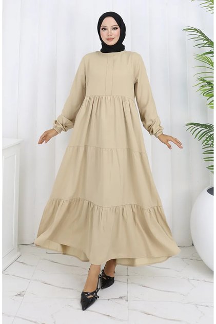Drawstring Waist Elasticated Sleeve Dress 2149-07 Beige