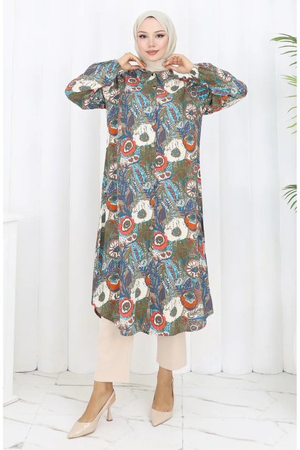 Buttoned Tunic with Elastic Sleeves 0134-03 Khaki Pomegranate Flower