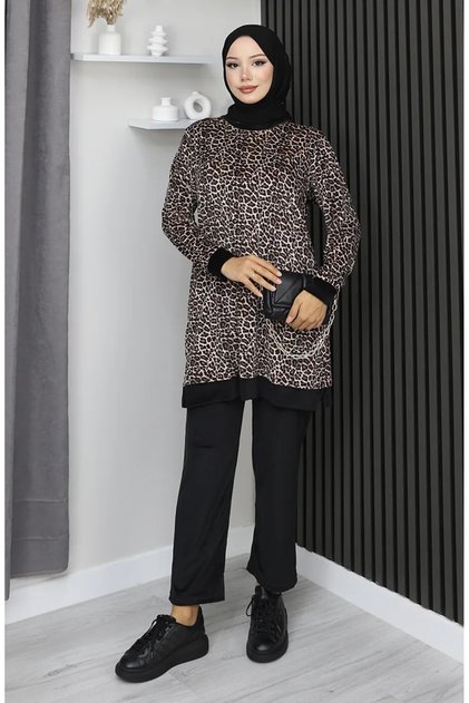 Leopar Desenli Eşofman Takım 96002-01 Kahverengi