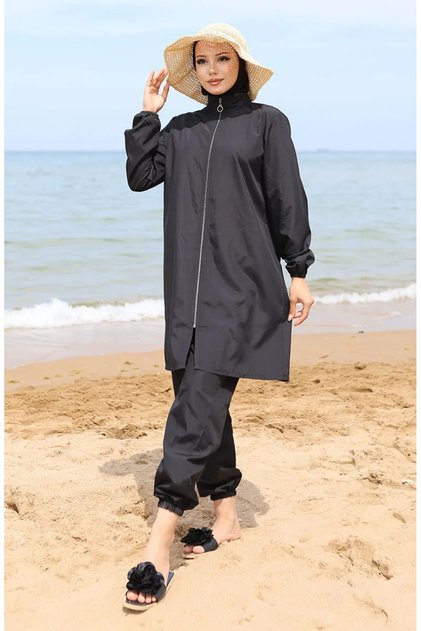 Atlas 2-Piece Zippered Hijab Swimsuit with Bonnet Gift 9006-01 Black