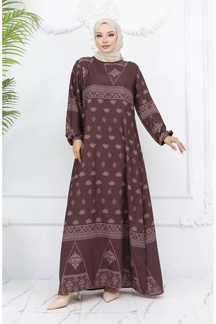 Tuğra Detailed Patterned Dress 0039-02 Brown
