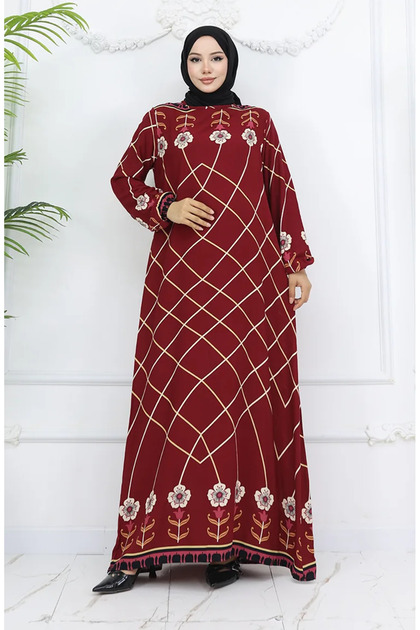 Viscose Fabric Sleeve Elastic Dress 0030-04 Claret Red