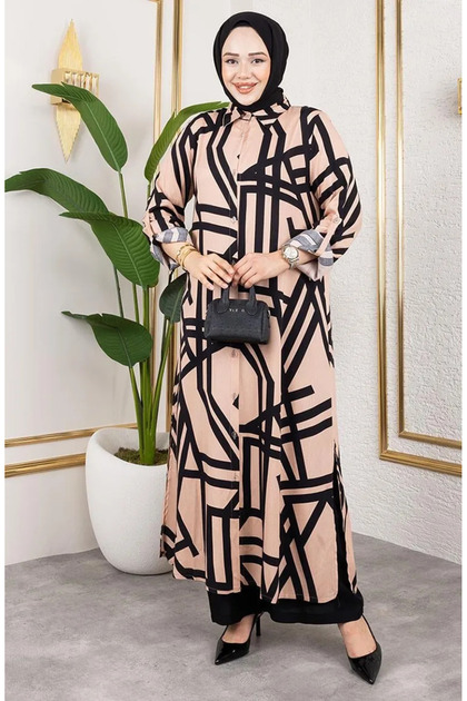 طقم فيسكوز منقوش 0337-04 أسود مينك
