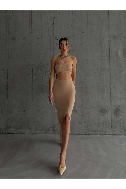 Crop Skirt Set Beige - Beige