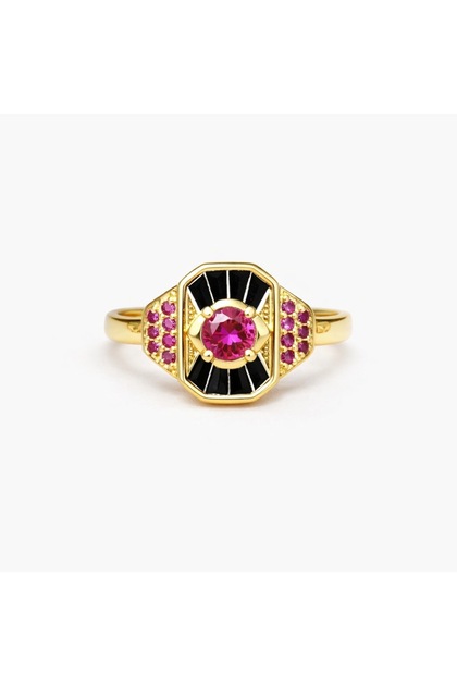 Pink Black Stone Serçek Finger-Joint Ring