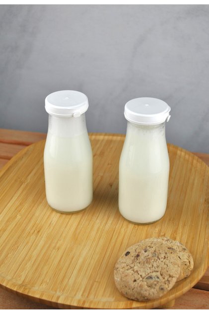 2 Pieces White Plastic Cap Glass Bottle 200 ml Transparent Jug Milk, Ayran, Water, Lemonade Soft Drink Bottle