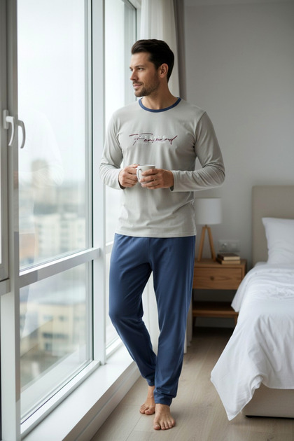 Pijama barbati 100% bumbac, bluza cu maneca lunga si pantaloni lungi