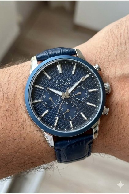 Silver Round Case Men's Wristwatch | 45 mm Steel Case, Navy Blue Leather Strap, Black Dial