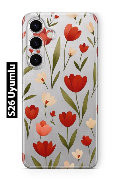 Samsung Galaxy S26 Compatible Red Tulip Patterned Transparent Phone Case