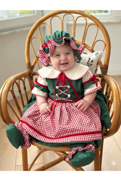 Baby Girl Fairy Tale Special Model Red Gingham Green Photo Shoot Dress + Hat + Shoes Set