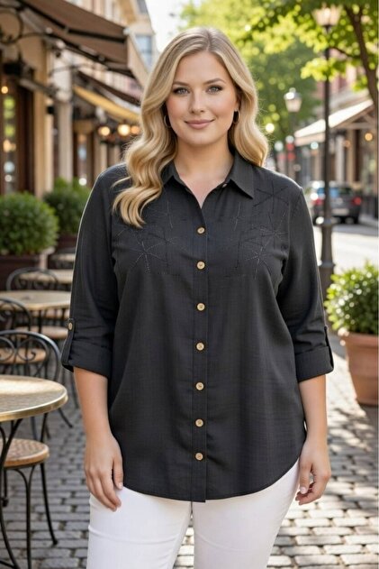 Plus Size Oversize Premium Stone Printed Linen Women's Shirt - Relaxed Fit