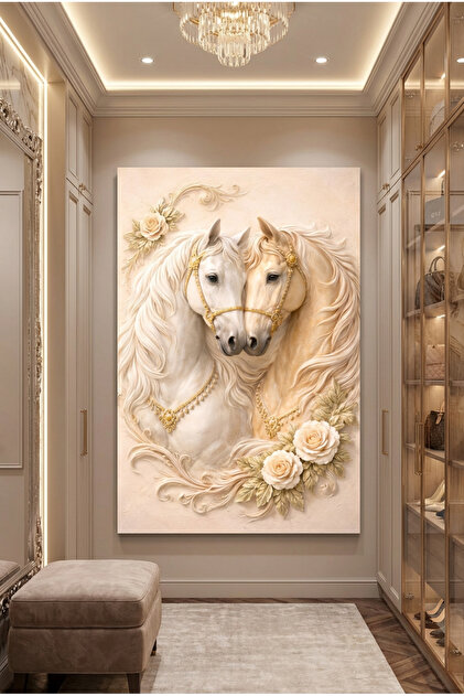 Embossed Look Double Horse Painting – Decorative Canvas Wall Painting with Gold Detail