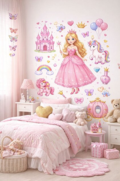 Prenses Temalı Çocuk Odası Duvar Sticker Seti – Unicorn & Şato Dekorasyonu (Pembe Masal Konsepti)