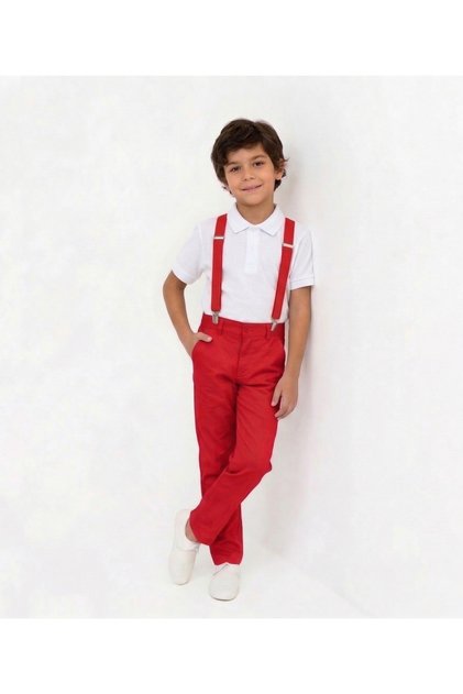 Boy's Red Pants and Suspenders - White Collared T-Shirt Set - April 23 - October 29 and Special Occasions