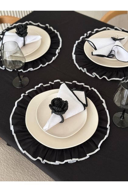6-Piece Lune Embroidered Round Ruffled Linen Placemat / American Service
