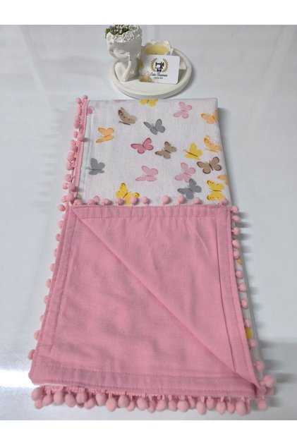 Çift Taraflı %100 Pamuk Ponponlu Pazen Bebek Battaniyesi 100x100 Cm