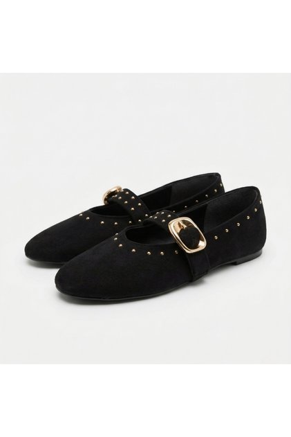 Women's Babet Gold Buckle Studded Suede Mary Jane Babet Women's Stylish Daily Comfortable Flat Sole Shoes