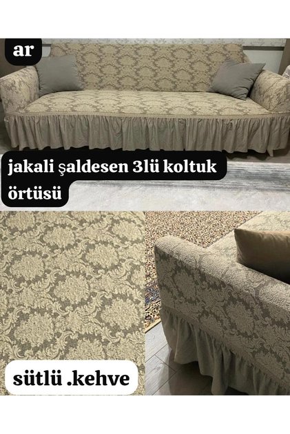 Jacquard Ottoman Pattern 3 Seater Sofa Cover with Elastic Skirt Sofa Cover Flexible Fabric Stain Resistant