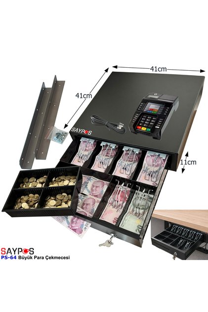 6 Kağıt Para Gözlü Montaj Askılı ve Ingenico Yazarkasa Pos Uyumlu Büyük Para Çekmecesi 41x41x11cm