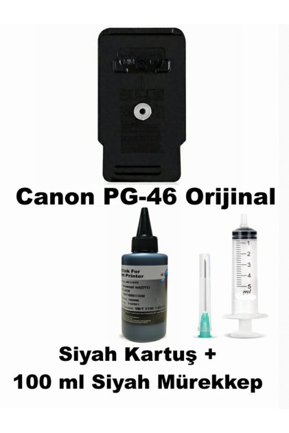 Canon Pixma E3440 / PG-46 Orijinal Siyah Tıpalı Dolabilen Kartuş+100 ml Mürekkep+Şırınga