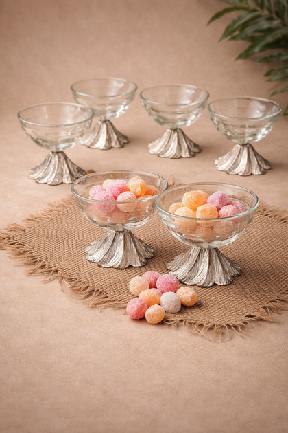 6-Piece Gold & Silver Color Metal Footed Snack Bowl - Presentation Bowl - Bowl - Jam Bowl - Turkish Delight Bowl - Coffee Side Serving Bowl