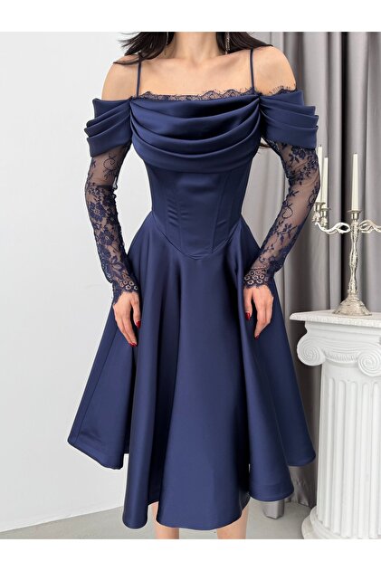 Serica Moda Navy Blue Off-Shoulder Lace Detailed Midi Evening Dress-  Trendyol