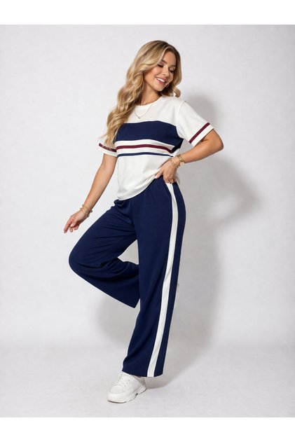 Women's Oysho Fabric White Navy Blue Patchwork Red Piping Casual Top and Bottom T-Shirt Pants Two-Piece Set