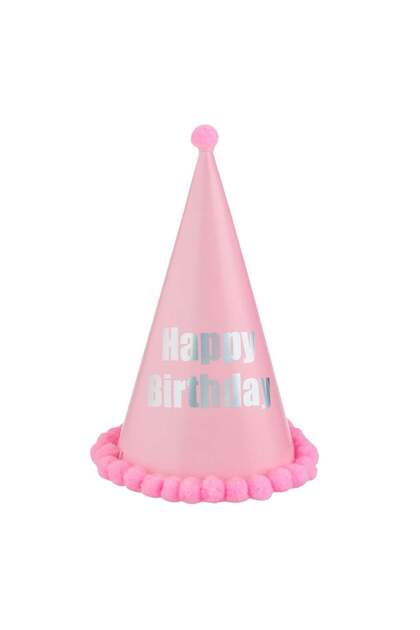 Coif de Petrecere Roz Pastel Pompon Irizat "Happy Birthday" 28cm