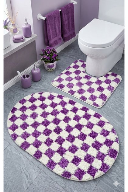 Chess Dama Patterned Latex Non-Slip Base Machine Washable 2-Piece Bohemian Oval Bath Mat 60X100 60X50