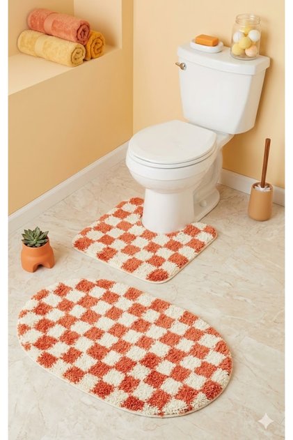 Chess Dama Patterned Latex Non-Slip Base Machine Washable 2-Piece Bohemian Oval Bath Mat 60X100 60X50