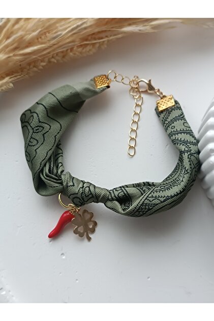 Red Hot Chili Pepper Clover Luck Anklet Khaki Green Fabric Handmade
