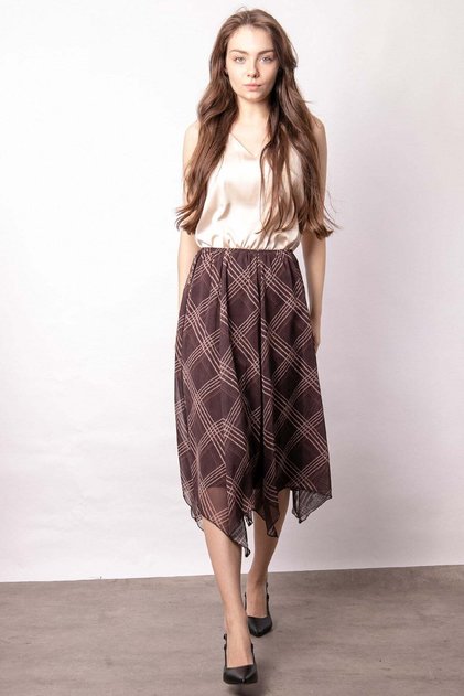 Women's Chiffon Eight-Piece Lined Midi Length Asymmetrical Skirt - Coffee Baklava